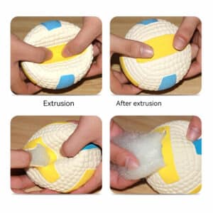 Colorful squishy volleyball toy transforms as hands squeeze, extruding fluffy filling for sensory fun.