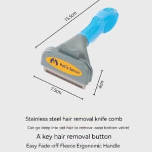 Stainless steel pet grooming tool with ergonomic handle and quick-release button for easy hair removal.