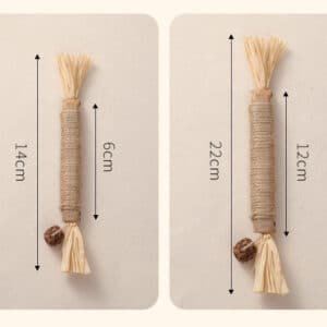 Size comparison of small and large decorative cylindrical items with tassels and wooden bead.