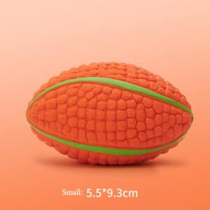 Bright orange toy football with green stripe, textured for grip, perfect for active play.