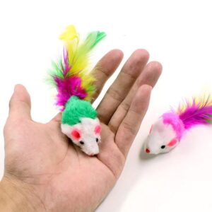 Colorful toy mice with fluffy textures and feather tails, perfect for playful adventures.