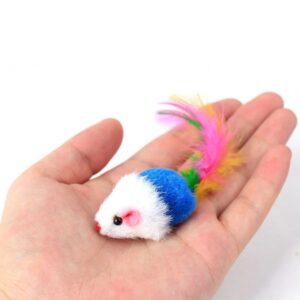 Colorful plush toy mouse with feather tail, ideal for entertaining small pets.