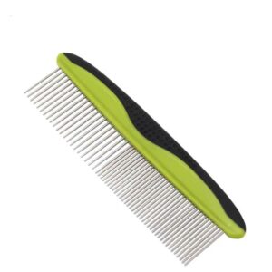 Ergonomic lime green hair comb with metallic teeth for effortless styling and detangling.