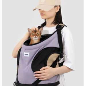 Trendy woman and her orange cat enjoy an outdoor adventure in a stylish cat carrier.